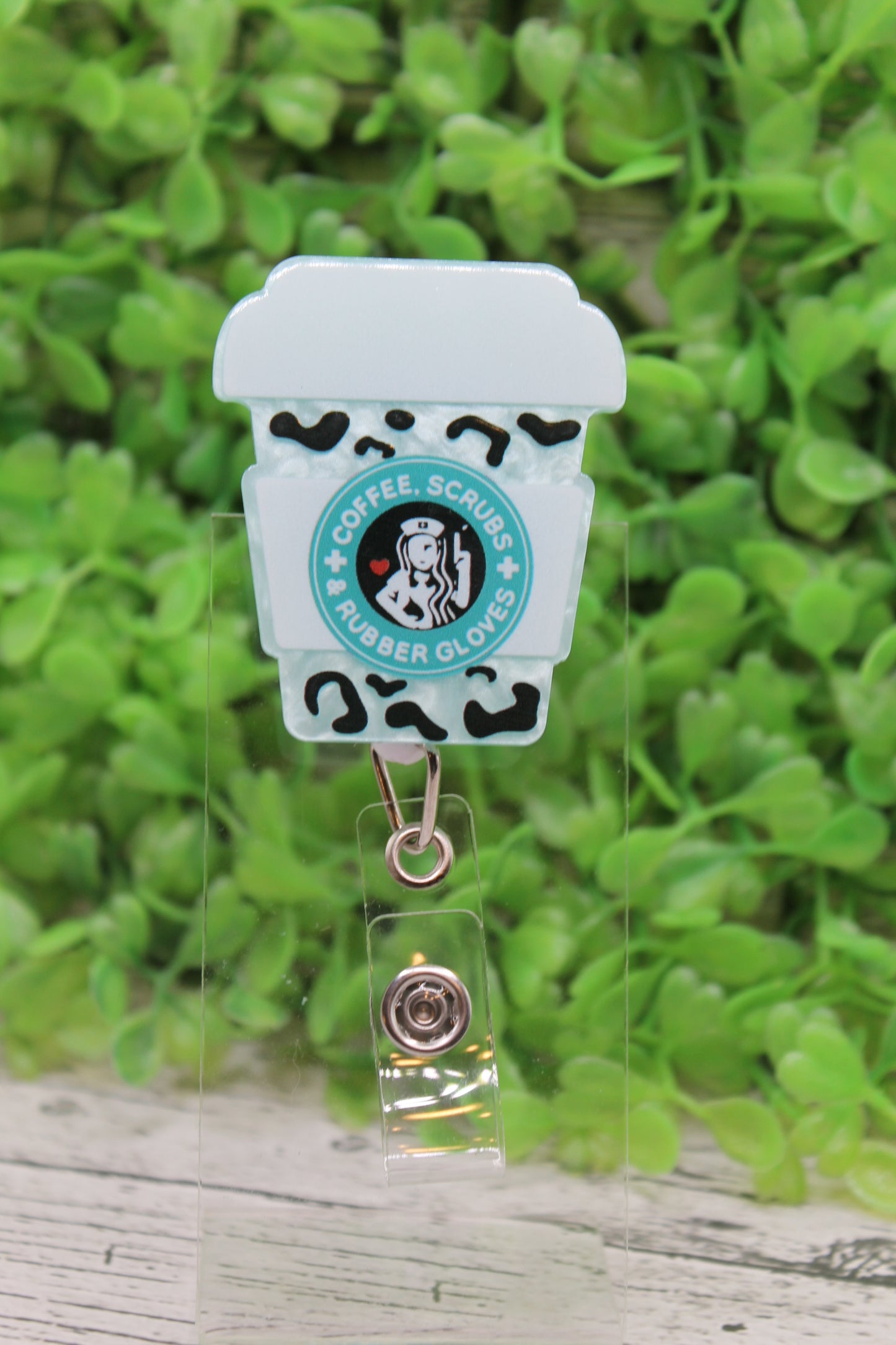 Coffee Scrubs Rubber Gloves Leopard Cup Badge Reel