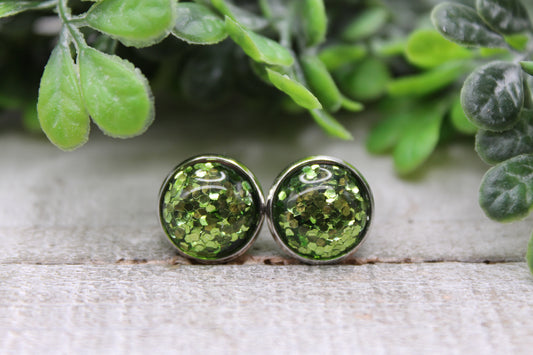 Green Confetti Dome | 12mm Stud Earrings | Hypoallergenic