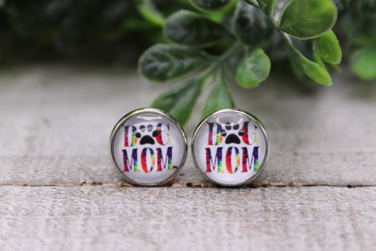 DOG MOM - Tie Dye || 12mm Glass Stud Earrings || Hypoallergenic