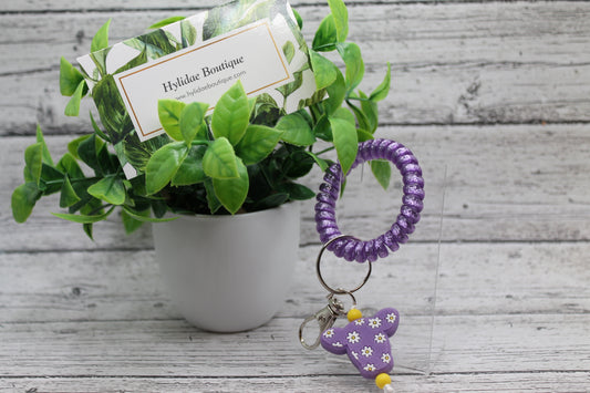 Purple Daisy Cow Sparkle Coil Wristlet Keychain