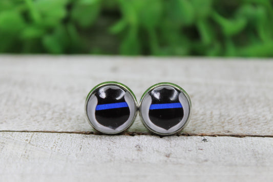 Law Enforcement Blue Line Badge Stud Earrings