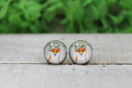 Floral Crown Fox Stud Earrings