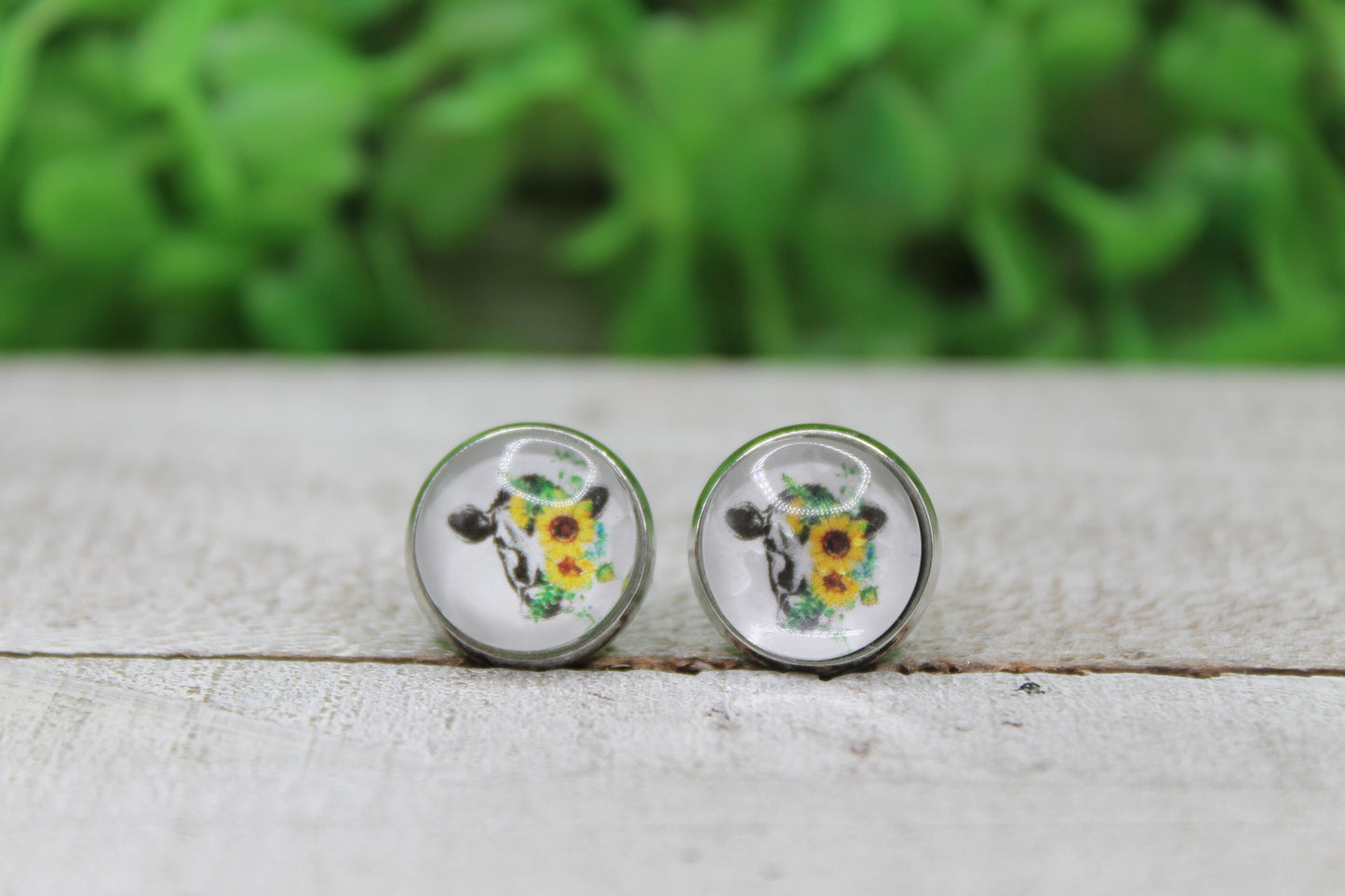 Cow and Sunflowers Stud Earrings