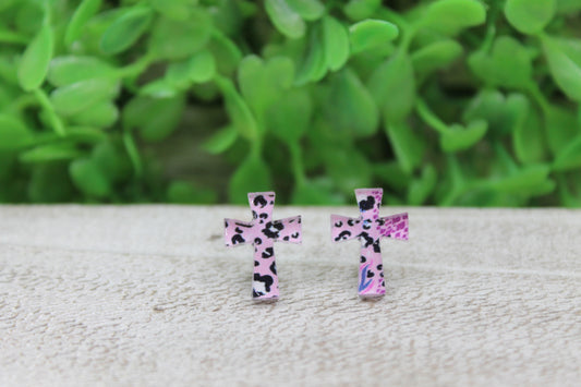 Pink Leopard Print Cross Stud Earrings