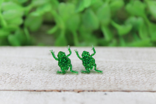 Green Glitter Frog Stud Earrings