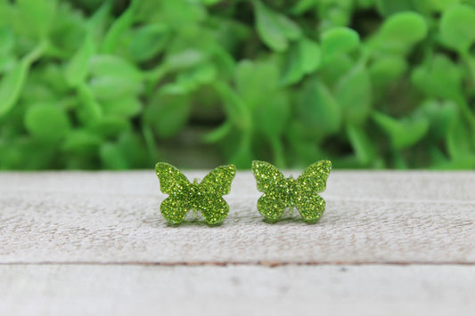 Green Glitter Butterfly Stud Earrings