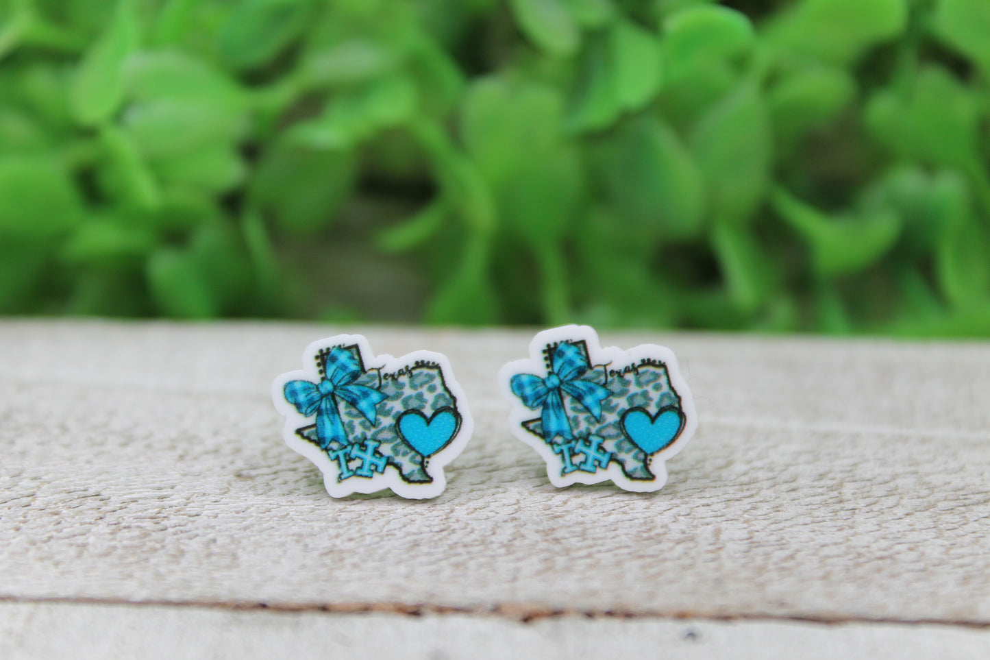 Texas Blue Heart and Bow Stud Earrings