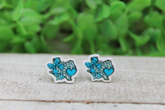 Texas Blue Heart and Bow Stud Earrings