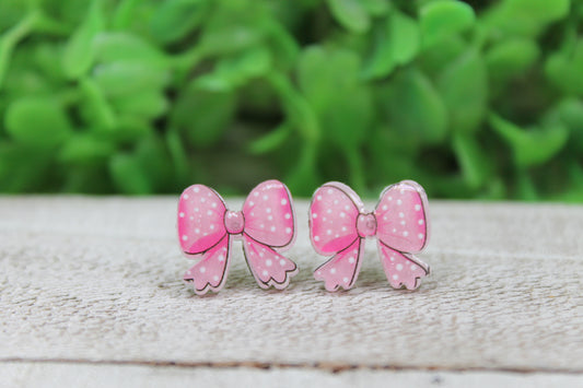 Pink Polka Dot Bow Stud Earrings