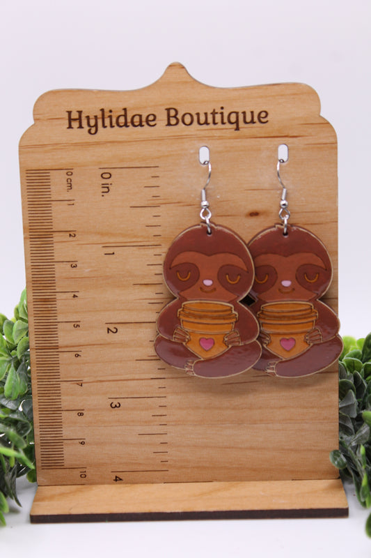 Coffee Sloth || Wooden Drop Earrings