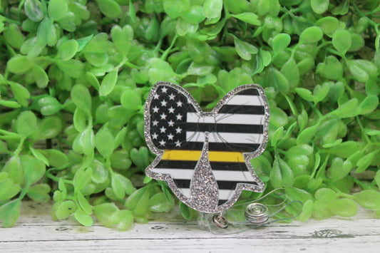 911 Dispatcher Yellow Line Flag Bow Badge Reel