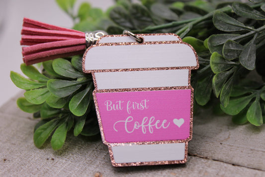 But First, Coffee {Pink} • Tassel Keychain