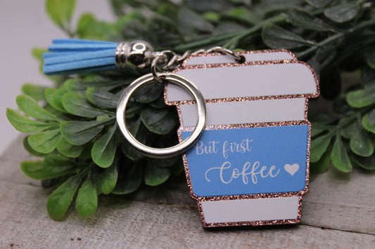 But First, Coffee {Blue} • Tassel Keychain