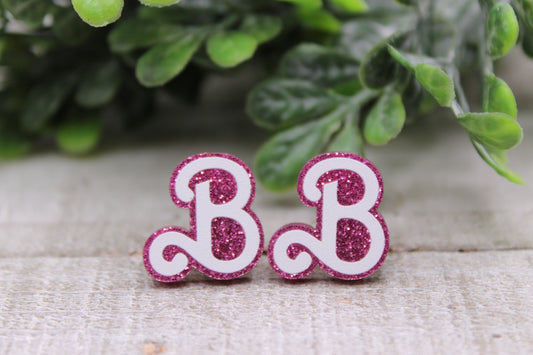 Glitter Pink Barbie 'B' || Stud Earrings