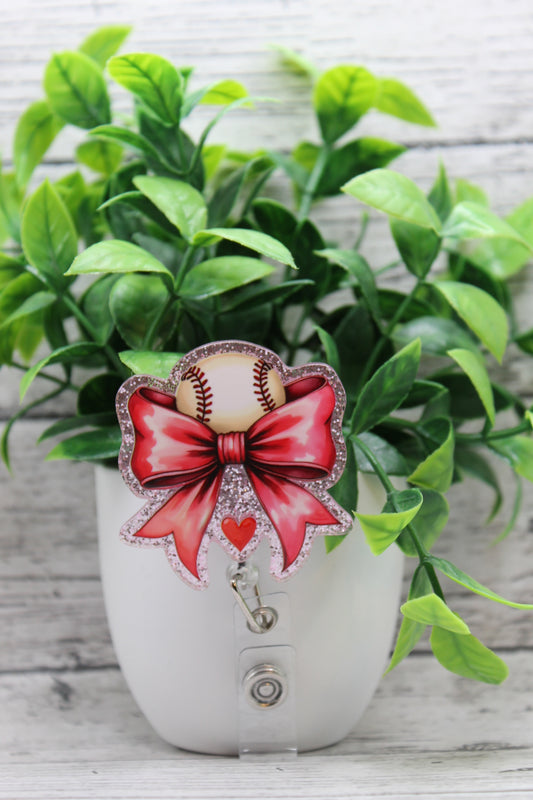 Baseball with Bow Badge Reel