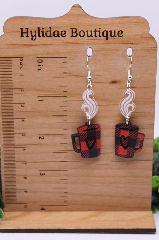 Buffalo Plaid Coffee Cup with Heart || Drop Earrings