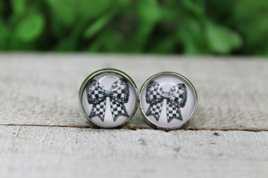Fancy Checkered Bow Glass Stud Earrings
