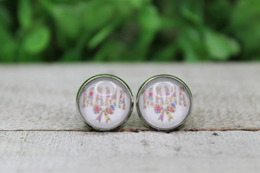 Floral MAMA Bow Glass Stud Earrings