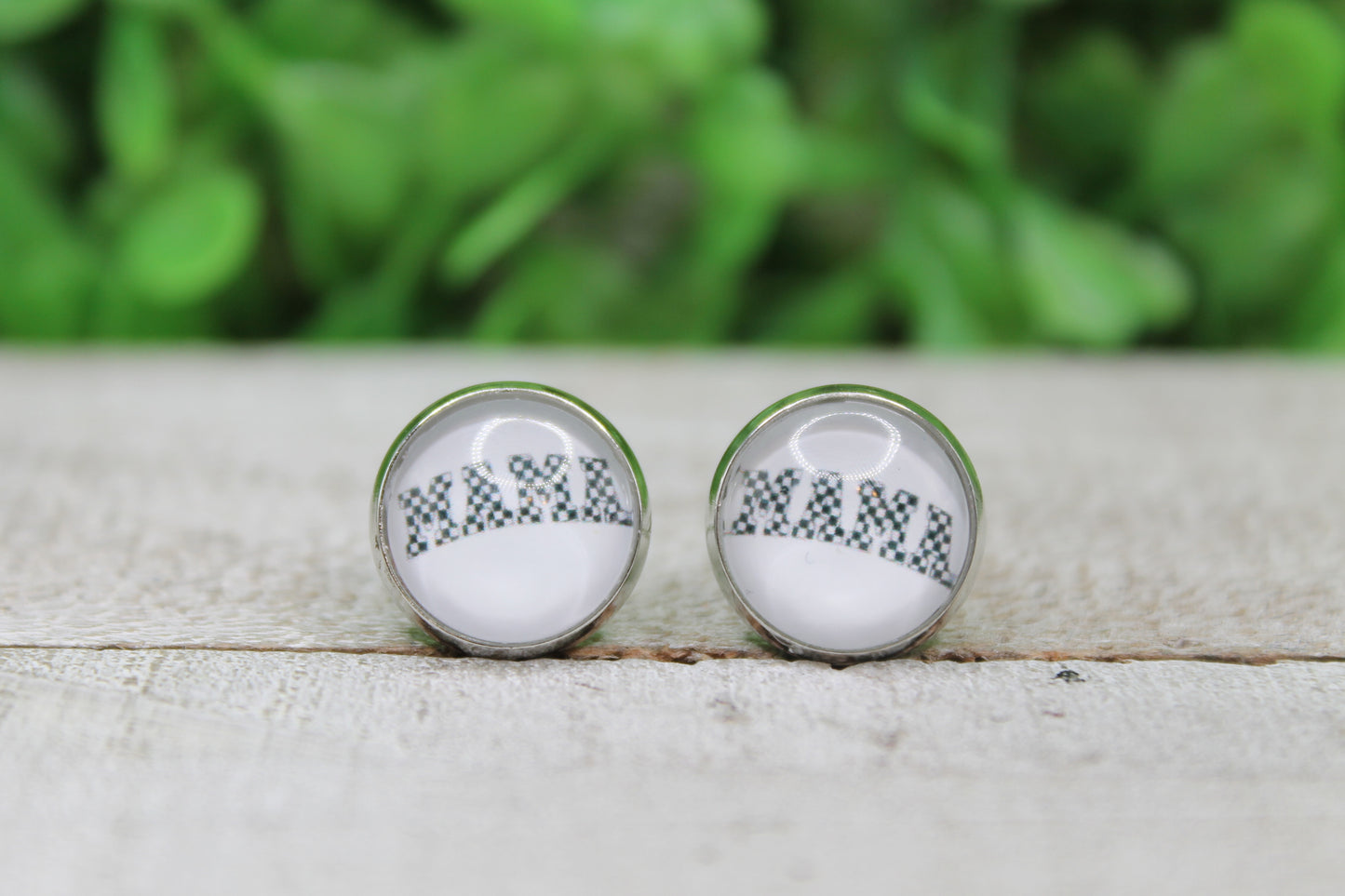 Checkered MAMA Glass Stud Earrings