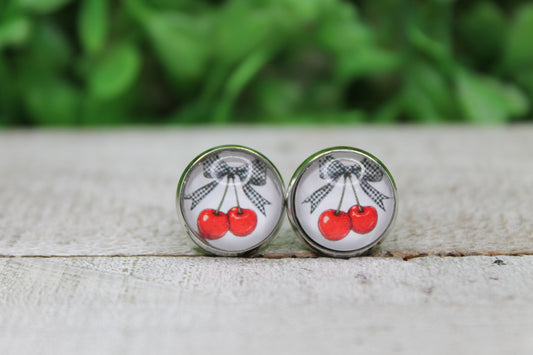 Red Cherries and Checkered Bow Glass Stud Earrings