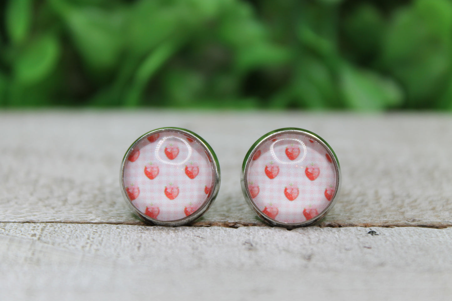 Strawberries on Pink Gingham Glass Stud Earrings