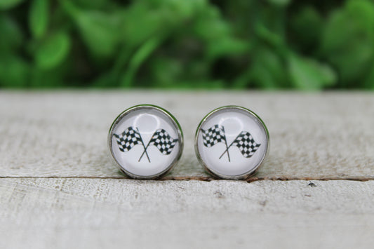 Checkered Flags Glass Stud Earrings