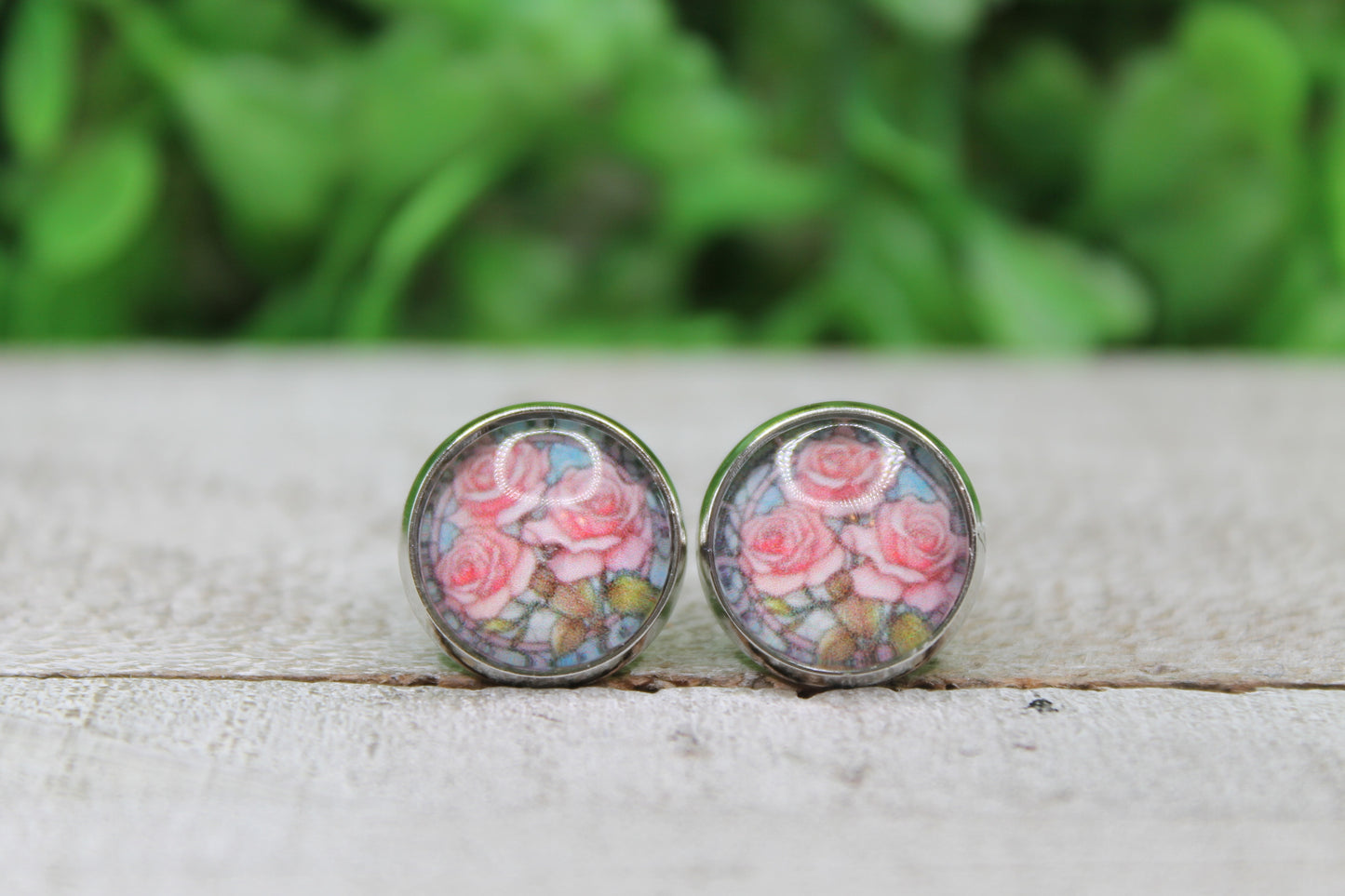Stained Glass Pink Roses Glass Stud Earrings