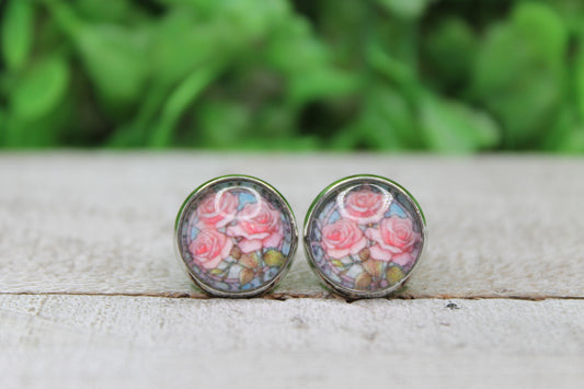 Stained Glass Pink Roses Glass Stud Earrings