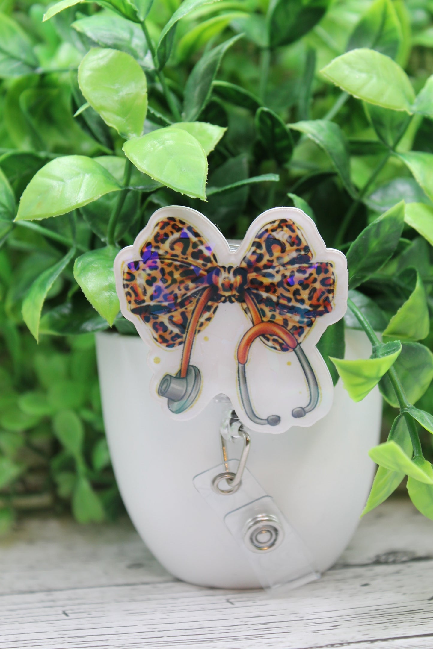 Leopard Bow Stethoscope Holographic Badge Reel