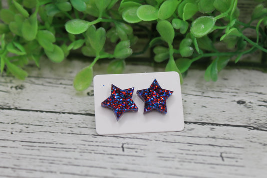 Blue and Red Glitter Star Stud Earrings