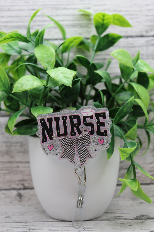 NURSE Checkered Bow Badge Reel