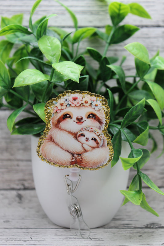 Floral Crown Sloths Badge Reel