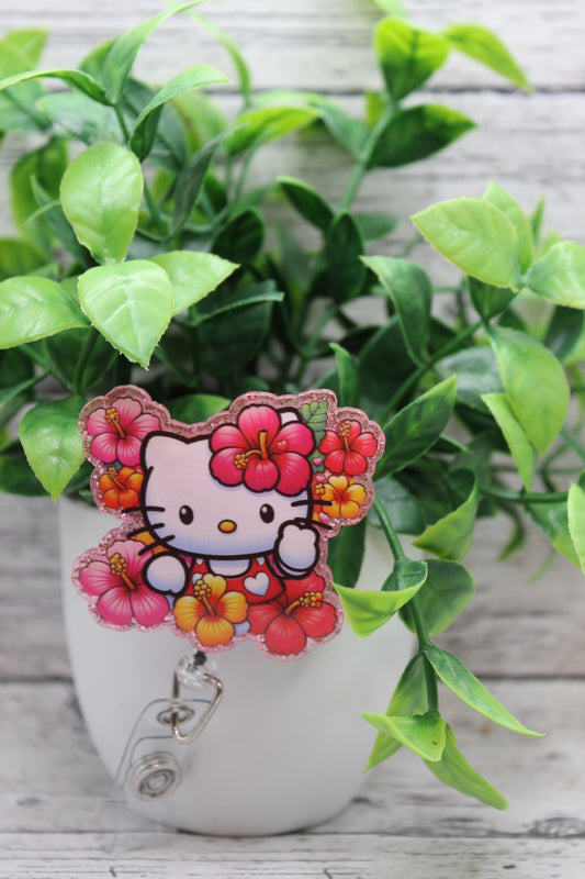 Tropical Flower Cat Badge Reel