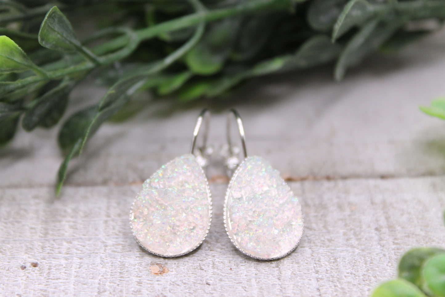 White Glitz Druzy Teardrop French Lever Earrings