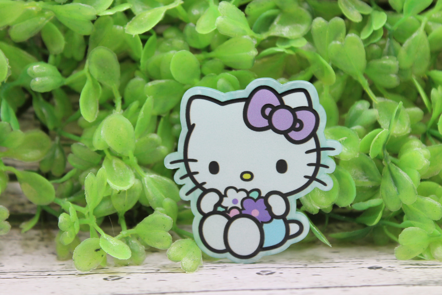 Purple Bow Cat with Flowers Badge Reel