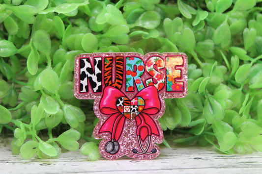 NURSE on Pink Glitter Badge Reel