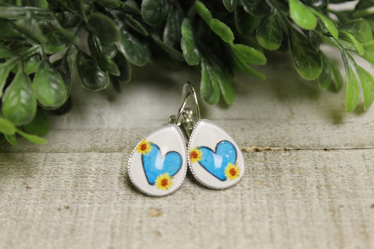 Turquoise Heart with Sunflowers • Teardrop French Lever Earrings