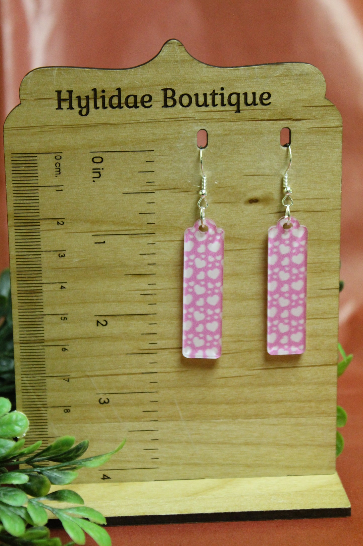 White Hearts on Pink • Bar Dangle Earrings