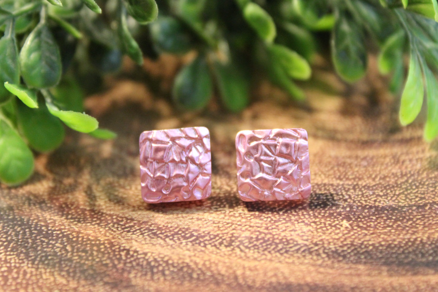 Pink Foil Square Valentine's Day • Stud Earrings