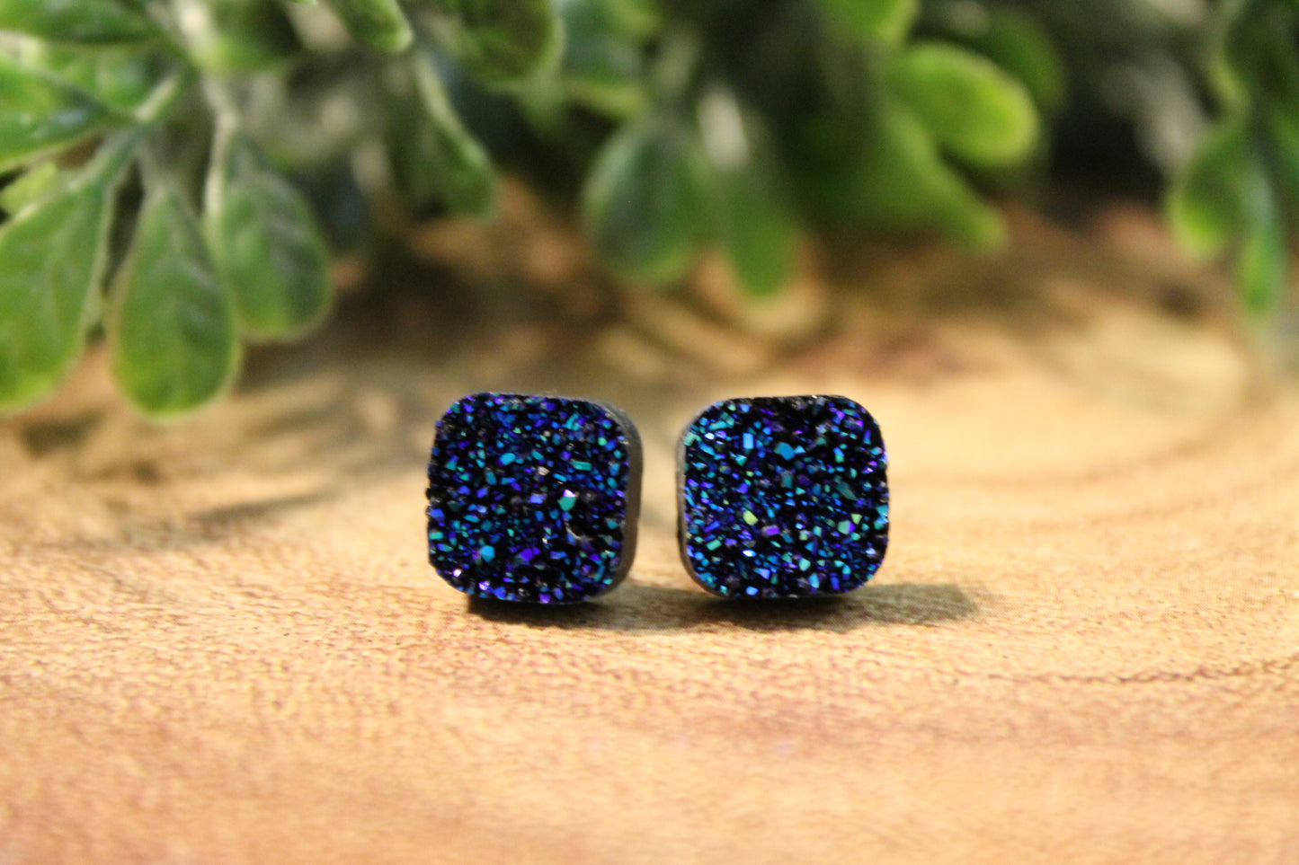 Mermaid Blue Druzy Square Stud Earrings