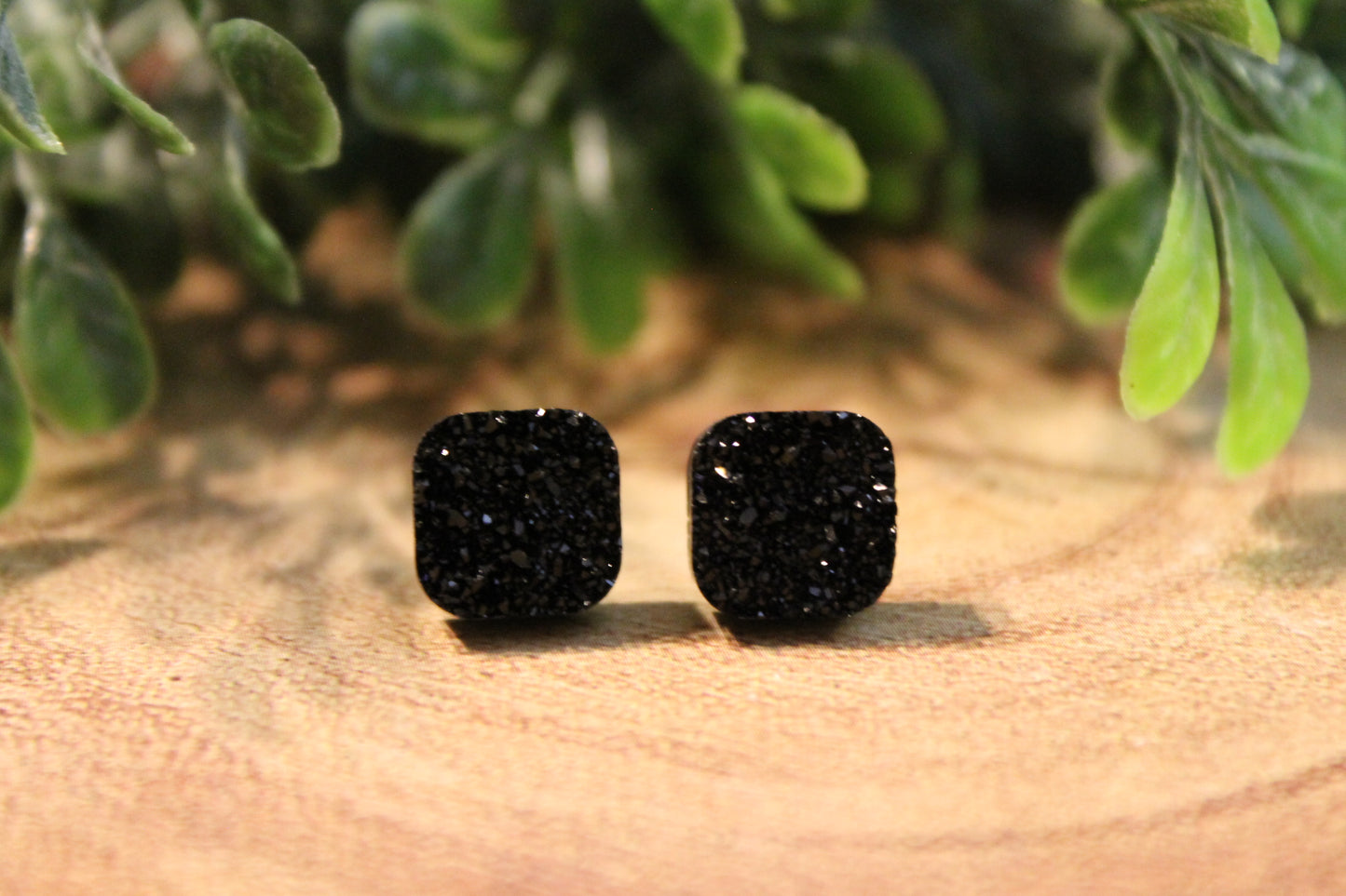 Black Druzy Square Stud Earrings