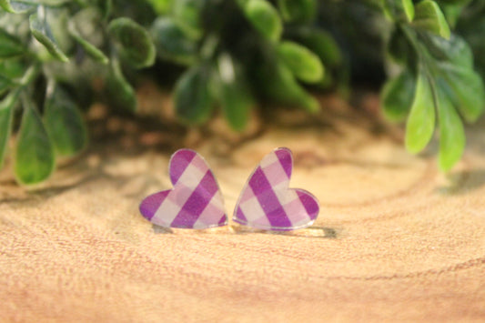 Purple Plaid Hearts Valentine's Day • Stud Earrings