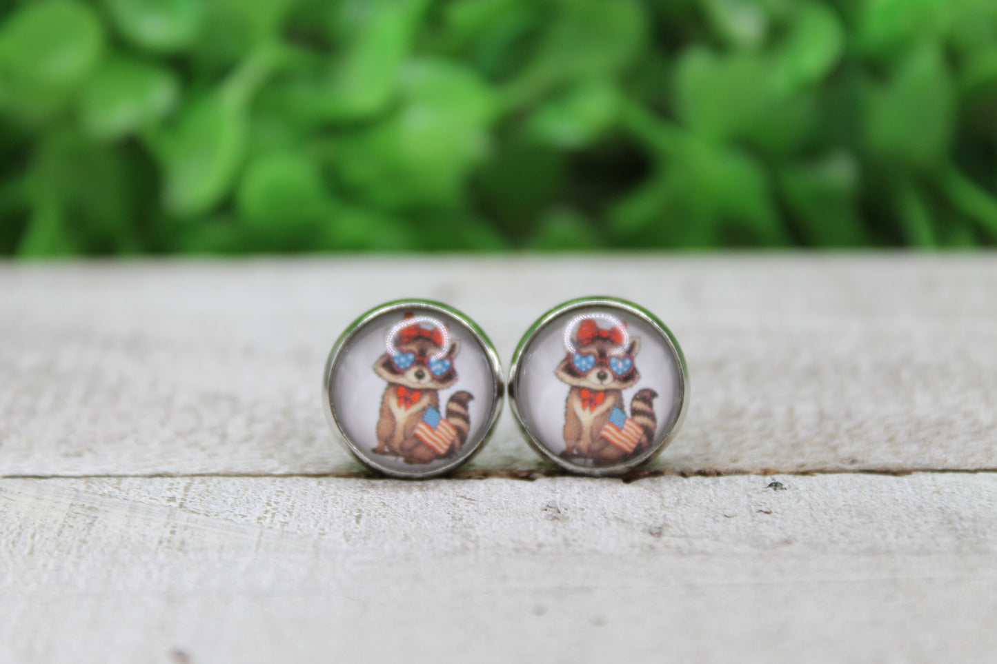 Patriotic Raccoon Glass Stud Earrings