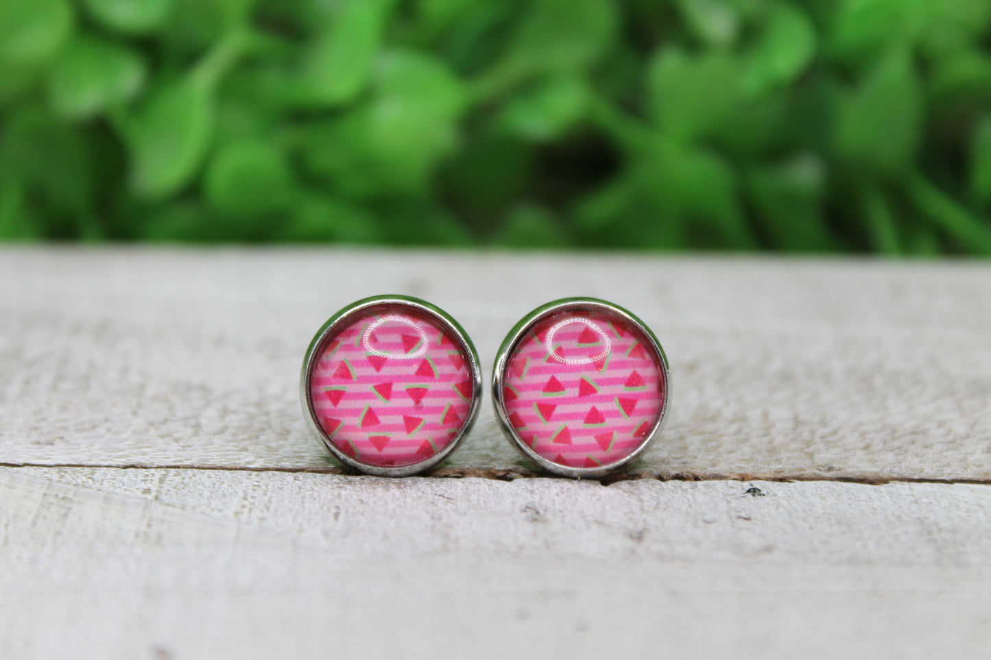 Watermelon Wedges on Stripes Glass Stud Earrings