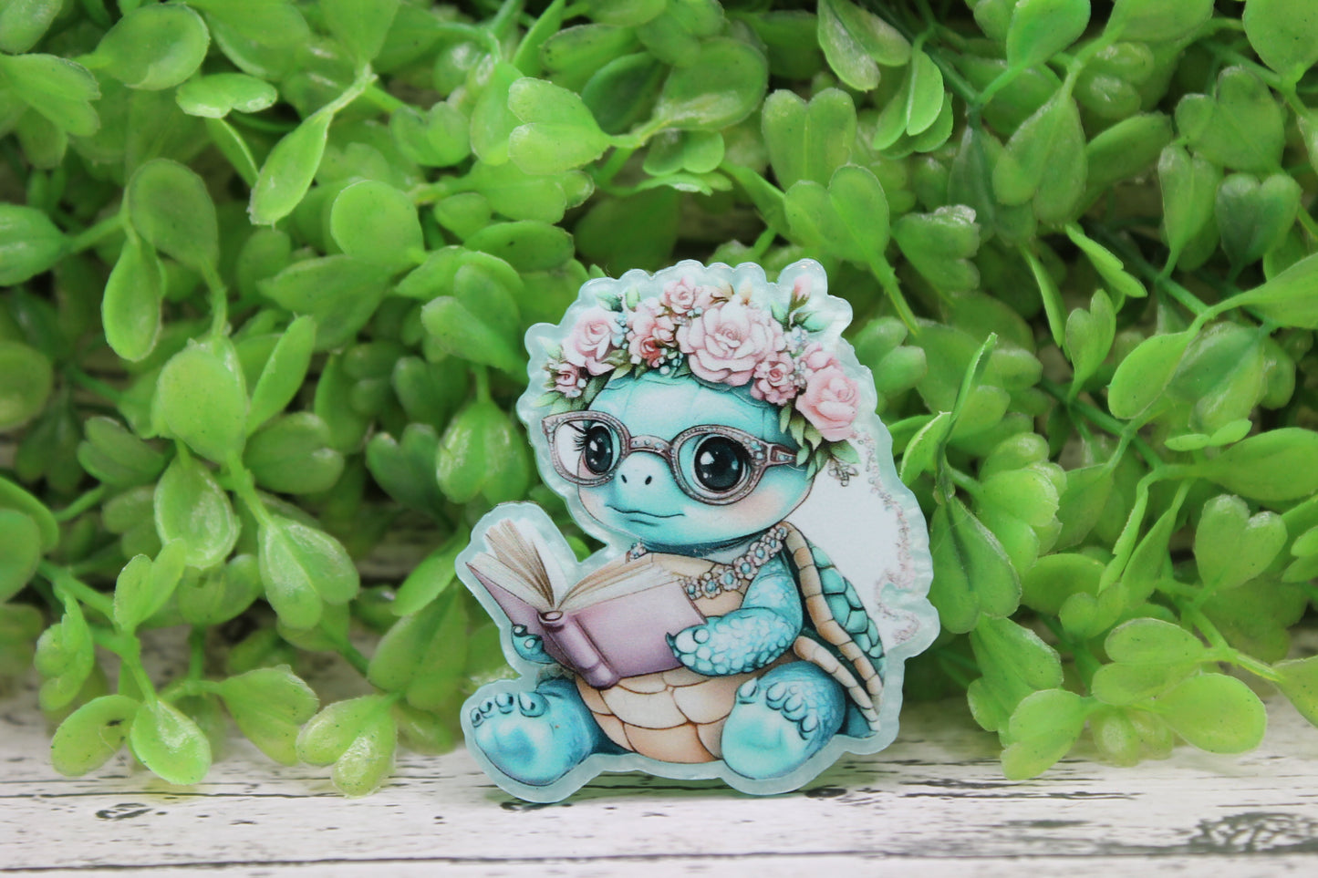 Floral Crown Reading Turtle Badge Reel