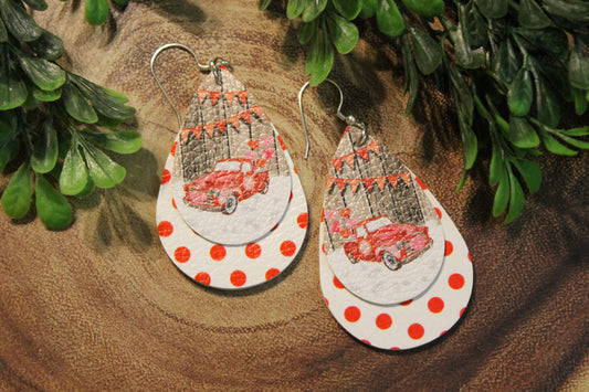 Valentine's Day Red Truck • Double Layer Faux Leather Teardrop Dangle Earrings