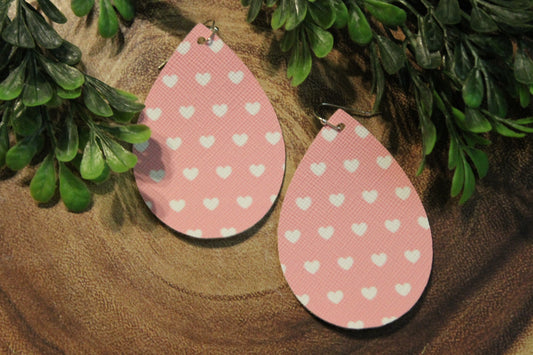 Tiny White Hearts on Pink • Single Sided Faux Leather Teardrop Dangle Earrings