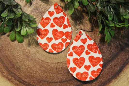 Red Conversation Hearts • Single Sided Faux Leather Teardrop Dangle Earrings