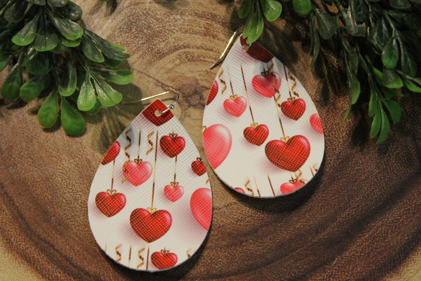 Ribbon Hearts • Single Sided Faux Leather Teardrop Dangle Earrings