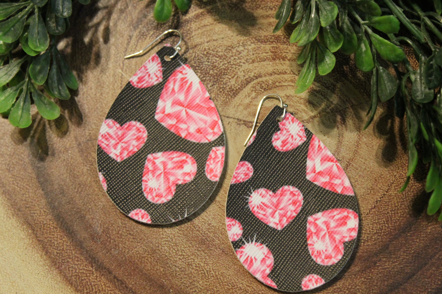 Pink Diamond Hearts • Single Sided Faux Leather Teardrop Dangle Earrings